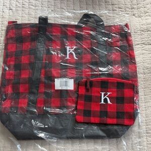 Monogram K Red & Black Buffalo Plaid Tote with Coin Pouch